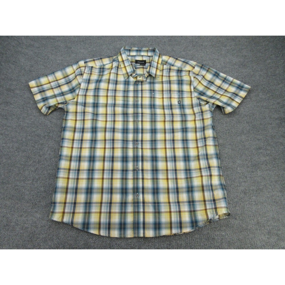 Marmot Mens Button Down Regular Yellow Blue Plaid Short Sleeve Shirt XL